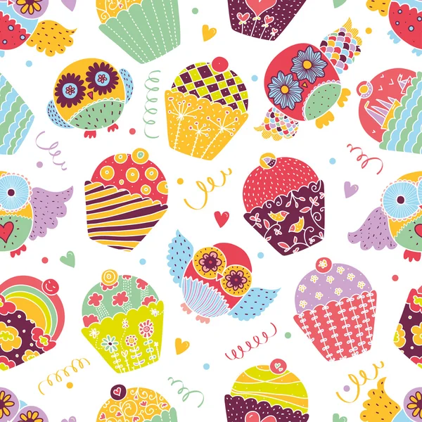 Owls and cupcakes  pattern. — Stock Vector