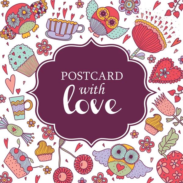 Carte postale chouettes et cupcakes — Image vectorielle