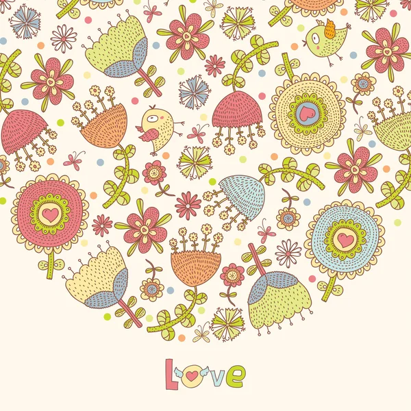 Schattig ansichtkaart met cartoon bloemen en vogels — Stockvector