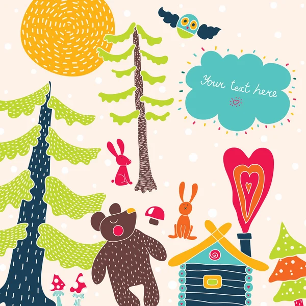 Cartolina per bambini con foresta — Vettoriale Stock