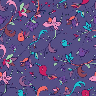 Çiçekler ve kuşlar üzerinde karanlık bir arka plan deseni