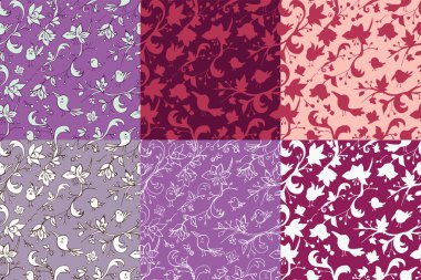 Çiçekler ve kuşlar karanlık bir arka plan üzerinde altı desen