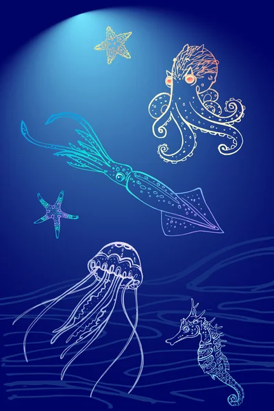 Conjunto de temas de mar para su diseño: pulpo, medusas, estrellas de mar, caballito de mar, calamar — Archivo Imágenes Vectoriales