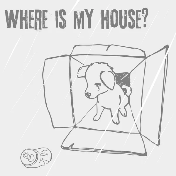 Smutné, bezdomovec štěně hledá domov, lineární vektorové skici — Stockový vektor