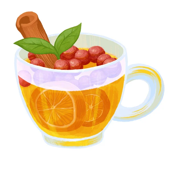 Cup Hot Orange Tea Cinnamon Berries Transparent Cup Mint Lemon — Stock Photo, Image