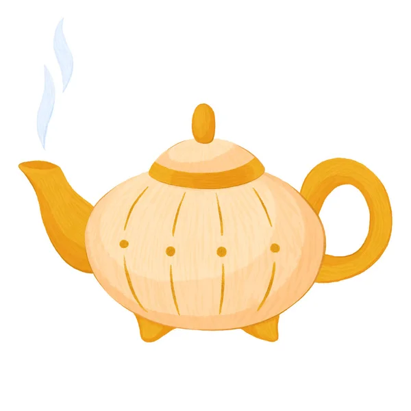 Hot Kettle Tea Rounded Beige Teapot Illustration White Background Hand — Stock Photo, Image