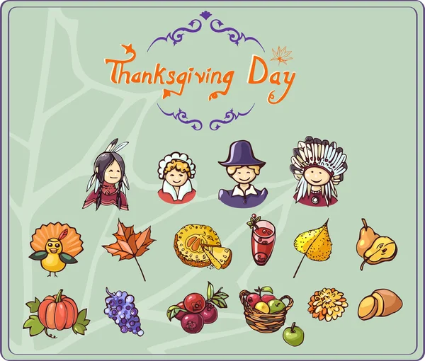 Thanksgiving ensemble d'icônes colorées — Image vectorielle