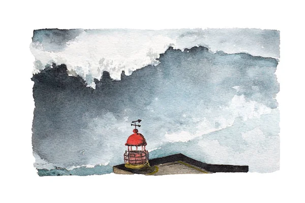 Watercolor drawing, visible big waves of Nazare, Portugal.blue water of the Atlantic. red roof lighthouse Imagens De Bancos De Imagens Sem Royalties
