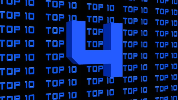 Abstract graphic 3D illustration - digits of the top 10 - single shown number 4 - repeated TOP 10 lettering arranged on a black background - all graphic elements in bright royal blue color