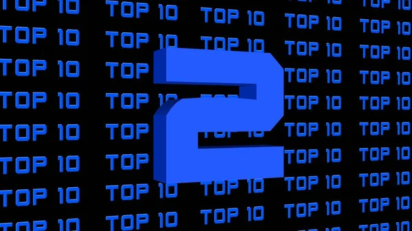 Abstract graphic 3D illustration - digits of the top 10 - single shown number 2 - repeated TOP 10 lettering arranged on a black background - all graphic elements in bright royal blue color