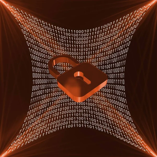 Abstract futuristic square graphic - transformed surface of white binary code on red background with light effects - closed padlock symbolic for data security shown in front - cyber internet or network concept - 3D illustration