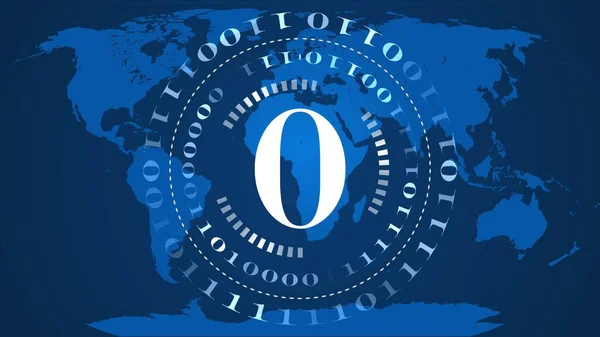数字计算机背景 中间蓝色世界地图背景中数字为0的二进制代码的圆圈 网络互联网或网络技术 三维说明 — 图库照片