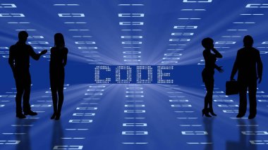 CODE harfleri ile soyut iş geçmişi - insan grubunun siyah silueti - ikili kodların düzenlenmiş rakamlarına sahip mavi sanal oda - 3D illüstrasyon