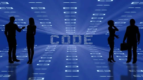 Abstract Zakelijke Achtergrond Met Code Letters Zwart Silhouet Van Mensen — Stockfoto