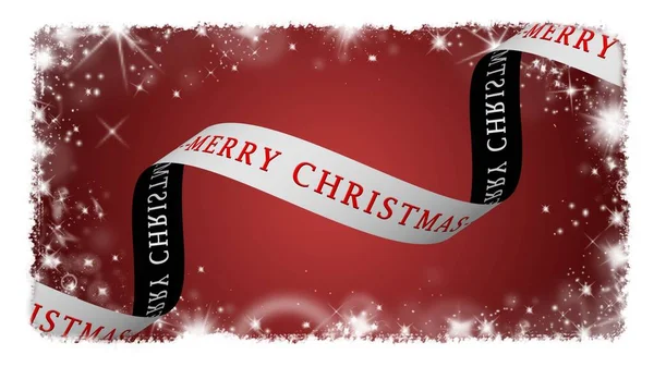 MERRY CHRISTMAS banner - red lettering on white ribbon over a red greeting card with border of blurred snowflakes - 3D illustration