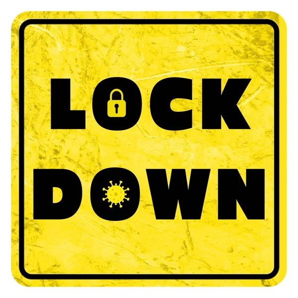 Lock 黄色背景上带有闭锁和病毒符号的黑色字体作为警告标志 3D插图 — 图库照片