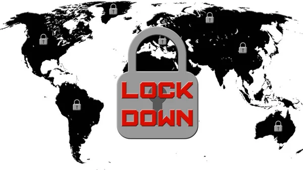 LOCK DOWN concept - red lettering on black world map background with symbolic closed padlocks - 3D illustration