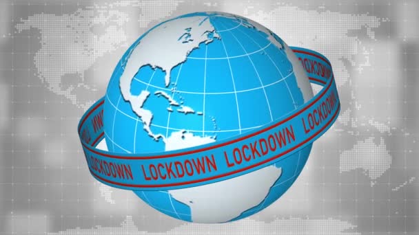 Lockdown Banner Motion Lettering Movement Ribbon Rotating Earth Globe Front — Stock Video