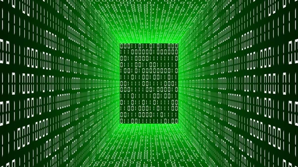 Abstract data flow background - green glowing room with walls made of binary code digits - 3D illustration