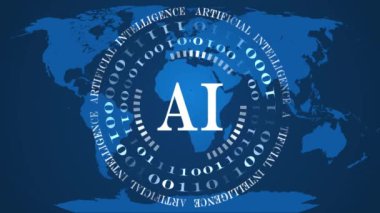 AI - soyut Yapay Zeka arkaplanı - merkezde titreşen harflerle rastgele değişen ikili kodların daireleri - mavi dünya haritası arka planı - siber teknoloji ve otomasyon kavramı