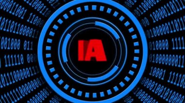 AI - soyut Yapay Zeka arkaplanı - silindir şeklinde düzenlenmiş ikili kodların hızlı hareketi - harfleri dönen HUD elementlerine dönüştür- siber teknoloji ve otomasyon kavramı