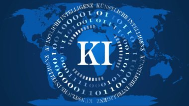 AI - soyut Yapay Zeka (Almanca: KI - Kuenstliche Intelligenz) arka plan - merkezinde beyaz harfler olan ikili kod çemberleri - mavi dünya haritası arka plan - siber teknoloji ve otomasyon - 3D illüstrasyon