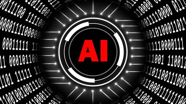 人工智能背景 圆柱形二进制代码 Hud元素中心的红色字母 网络技术和自动化 3D说明 — 图库照片