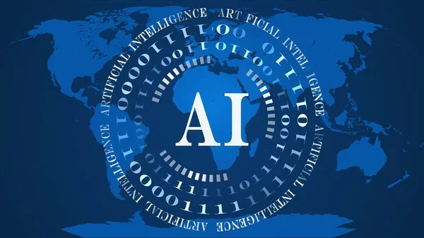人工智能背景 中间蓝色世界地图背景中带有白色字母的二进制代码圆圈 网络技术和自动化 3D插图 — 图库照片