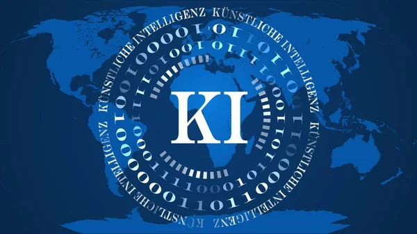 AI - soyut Yapay Zeka (Almanca: KI - Kuenstliche Intelligenz) arka plan - merkezinde beyaz harfler olan ikili kod çemberleri - mavi dünya haritası arka plan - siber teknoloji ve otomasyon - 3D illüstrasyon