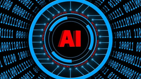 Ai抽象人工智能背景 蓝色二进制代码 圆柱形排列 Hud元素的红色字母环绕和中心 3D说明 — 图库照片