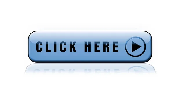 Clique Aqui Lettering Botão Azul Com Reflexos Chão Isolado Sobre — Fotografia de Stock