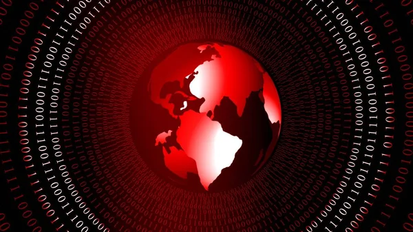 Abstract background with earth globe in red - rings of binary code arranged in cylinder shape - global internet or information technology - 3D illustration