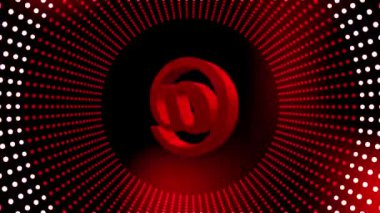 4K içindeki soyut hareket arkaplanı - titreşen noktalardan oluşan beyaz halkalardaki AT işareti silindir şeklinde düzenlenmiş - teknoloji ve otomasyon konsepti - sonsuz döngü