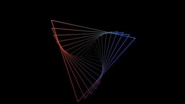 Siyah arkaplan üzerinde farklı gökkuşağı renklerinde grafik elementlerinin soyut animasyonu - ekran merkezinden dışarı hareket eden döndürme üçgenleri