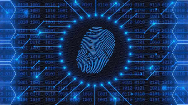 Fingerprint logo - abstract background in blue of 4-digit binary code behind information connecting lines between honeycomb elements - security scanning identification system by biometric authorization - 3D Illustration