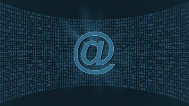 Soyut veri akışı arkaplanı - koyu mavi ile ikili kodlu sanal bir stüdyo duvarının önündeki işaret - 3D İllüstrasyon