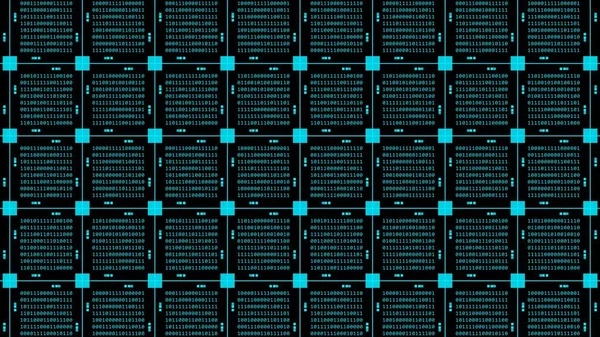 Abstract graphics technology background in turquoise - blocks of binary code arranged as a square grid on black background - 3D Illustration