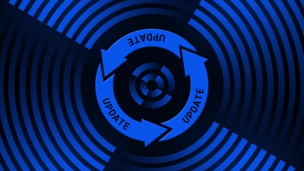 圆形线条中心的更新标志上的Update字母4K的抽象移动 黑色背景上的蓝色图形元素 软件更新计算机程序 无穷循环 — 图库视频影像