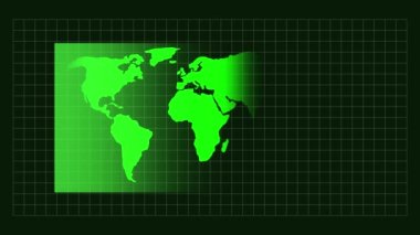 Izgara desenli 4K içinde soyut canlandırılmış arkaplan - dünya haritası üzerinde spot ışık penceresinin hareketi ve yeşil renkli grafikler - sonsuz döngü