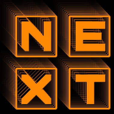 NEXT - Kare logo şeklinde turuncu harfler ve siyah arkaplan üzerinde tekrarlanan efektler - 3B İllüstrasyon