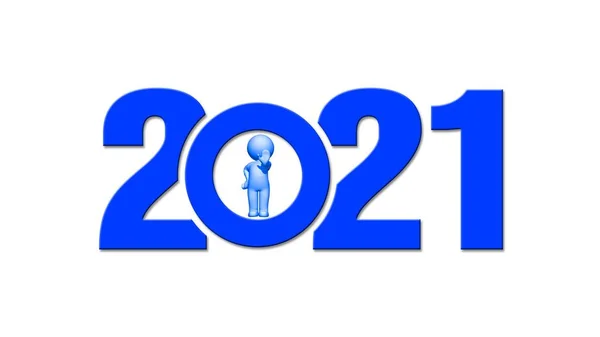 Año 2021 Dígitos Azules Aislados Sobre Fondo Blanco Personas Mostrando — Foto de Stock
