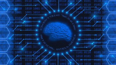 İnsan beyni yapay zeka arka planında mavi harfli sembolik - 4 haneli ikili kodlar bal peteği elementleri arasındaki çizgilerin arkasında - siber teknoloji ve otomasyon konsepti - 3D