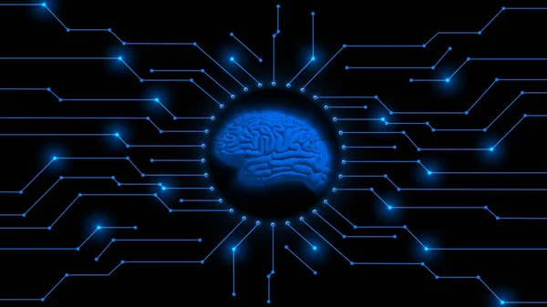 人工智能的人脑符号 以信息连接线为中心 抽象网络技术和自动化概念 蓝色图形元素 三维图解 — 图库照片