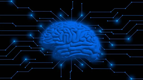 人工智能的人脑符号 以信息连接线为中心 抽象网络技术和自动化概念 蓝色图形元素 三维图解 — 图库照片