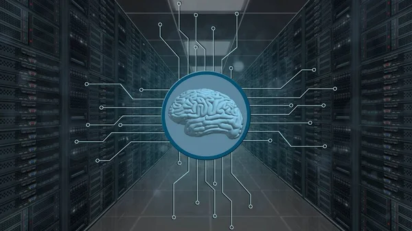 Human brain symbolic for AI Artificial Intelligence centered into information connecting lines on data server room background - abstract cyber technology and automation concept - 3D Illustration
