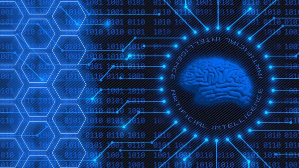 Символический человеческий мозг на фоне искусственного интеллекта с синей надписью - 4-значный двоичный код за линиями связи информации и сотовыми элементами - Кибертехнология и концепция автоматизации - 3D Иллюстрация