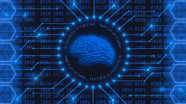 人工智能背景下带有蓝色字母的人脑符号 蜂窝元件之间信息连接线后面的4位二进制代码 网络技术和自动化概念 3D说明 — 图库照片
