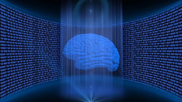 蓝色发光光束中的数据流背景 在二进制码的虚拟演播室壁上用人脑浮出的圆柱形光束 3D图解 — 图库照片