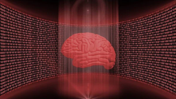 Abstract data flow background in red color - shining light beam in cylinder form with floating human brain in front of a virtual studio wall made of binary code - 3D Illustration