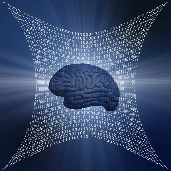 蓝色背景上白色二进制代码的面向未来的正方形图形曲面 人工智能的人脑符号 三维图解 — 图库照片